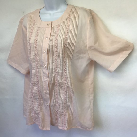 Women's Pink Pleated Lace Short Sleeve Blouse 14M - Picture 4 of 6